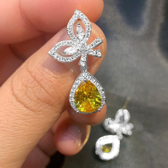 NEW Gold Diamond Butterfly Teardrop Citrine Halo Earrings - Picture 5 of 10
